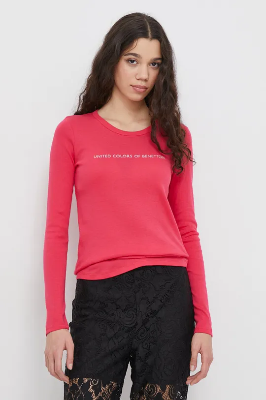 Βαμβακερή μπλούζα με μακριά μανίκια United Colors of Benetton ροζ