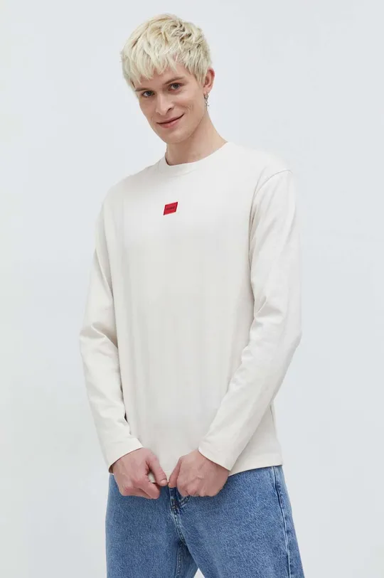 béžová Bavlnené tričko s dlhým rukávom HUGO Pánsky