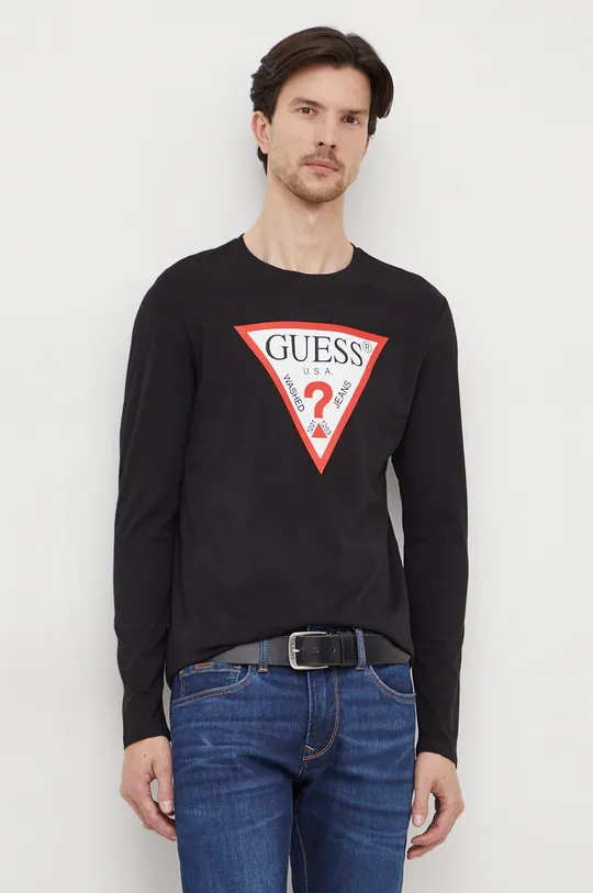 čierna Bavlnené tričko s dlhým rukávom Guess Pánsky
