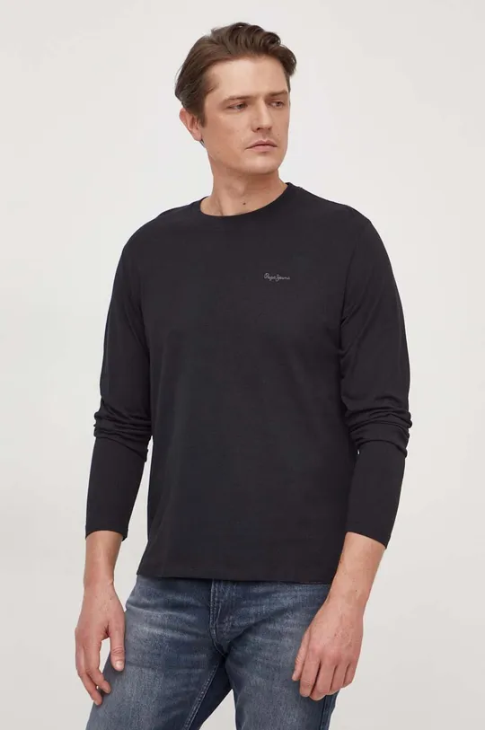 čierna Bavlnené tričko s dlhým rukávom Pepe Jeans Pánsky