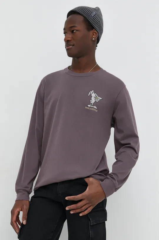 Bombažna majica z dolgimi rokavi Hollister Co. vijolična