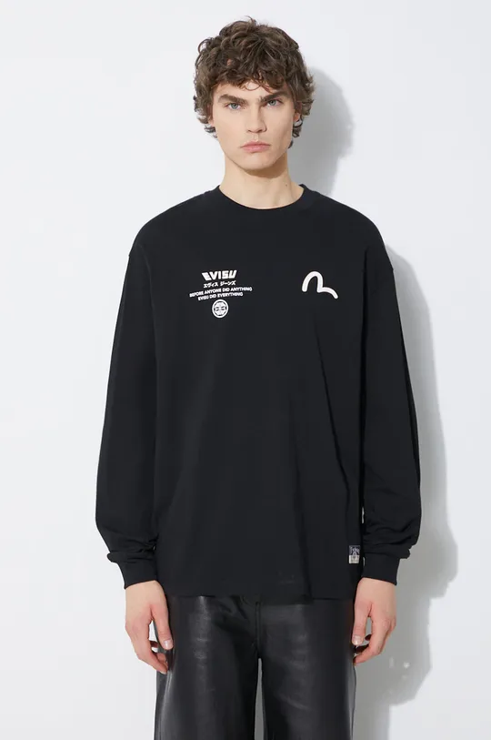 černá Bavlněné tričko s dlouhým rukávem Evisu Seagull + Kamon & Wave Print LS Tee Pánský