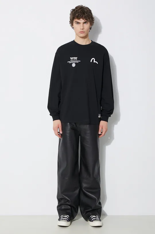 Памучна блуза с дълги ръкави Evisu Seagull + Kamon & Wave Print LS Tee черен