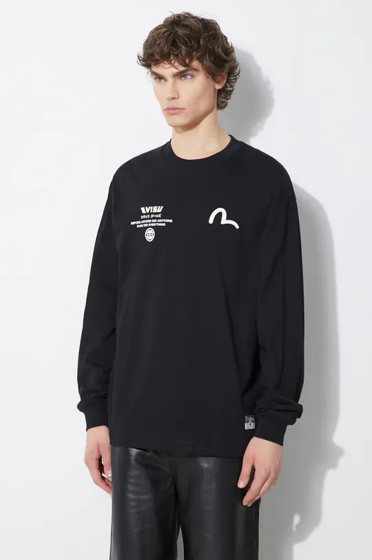 černá Bavlněné tričko s dlouhým rukávem Evisu Seagull + Kamon & Wave Print LS Tee