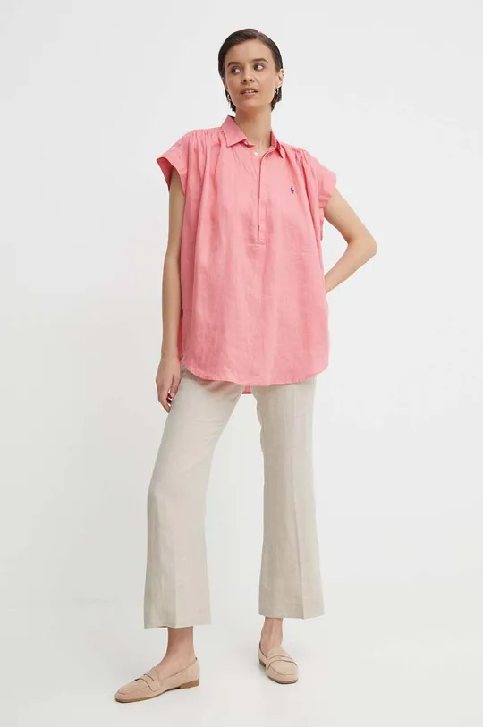 Λευκή μπλούζα Polo Ralph Lauren ροζ