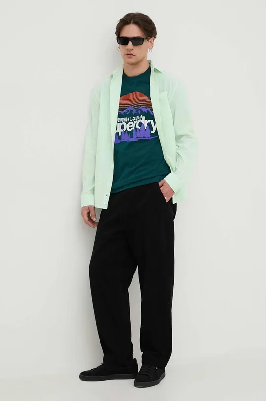 Tommy Jeans koszula z domieszką lnu zielony