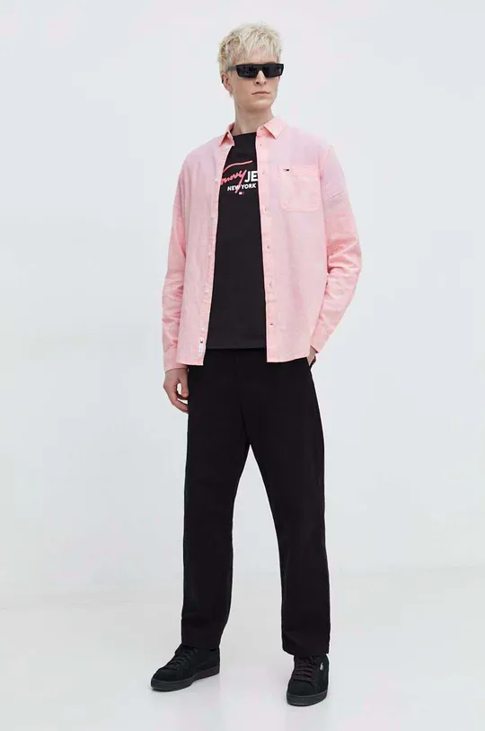 Сорочка з домішкою льону Tommy Jeans рожевий