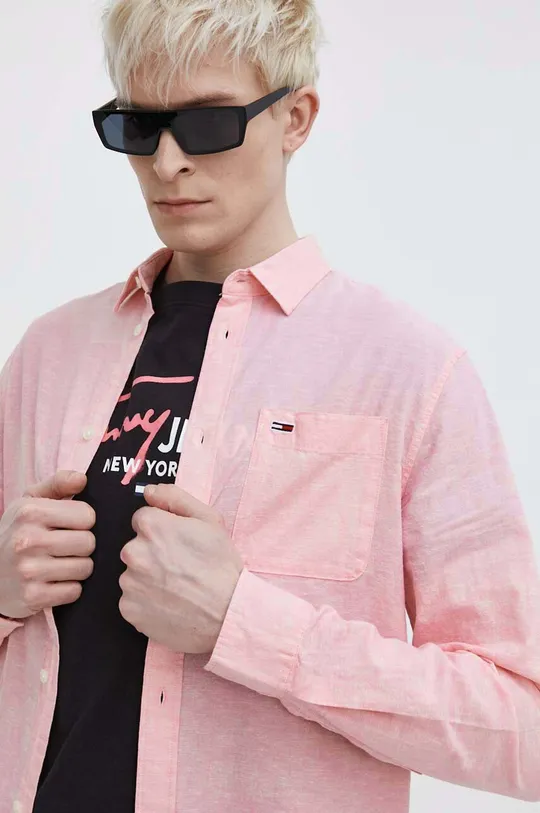różowy Tommy Jeans koszula z domieszką lnu