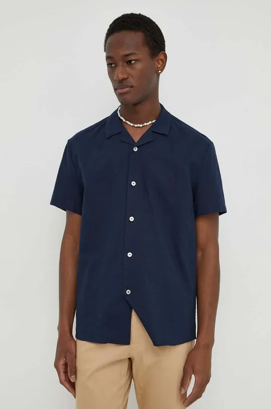 blu navy Bruuns Bazaar camicia in lino misto Uomo