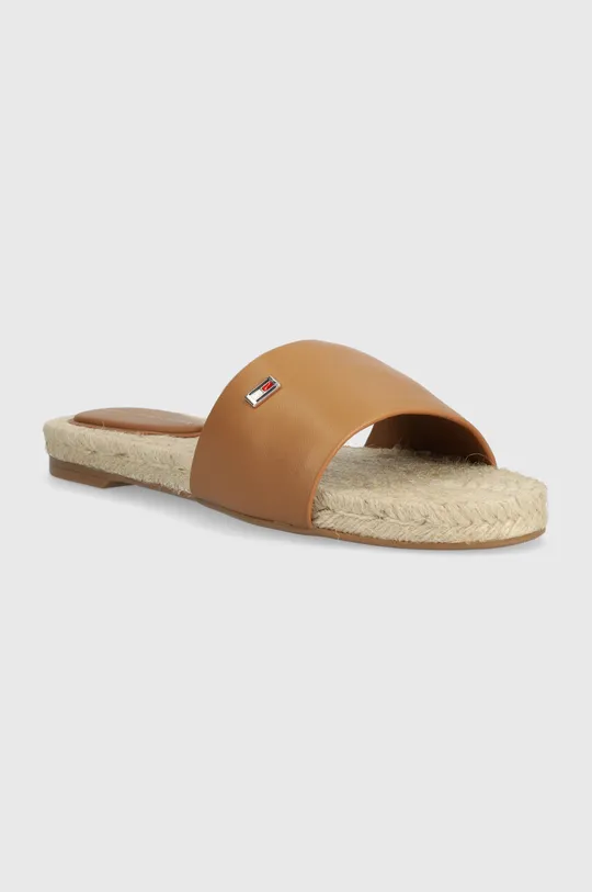 Tommy Hilfiger klapki skórzane SIMPLE LEATHER FLAT ESP SANDAL brązowy