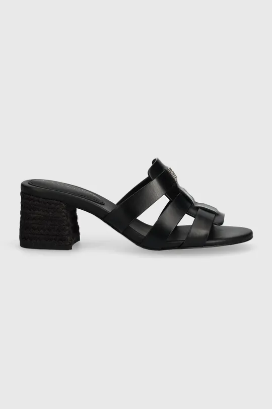 Tommy Hilfiger bőr papucs BLOCK MID HEEL LEATHER SANDAL fekete