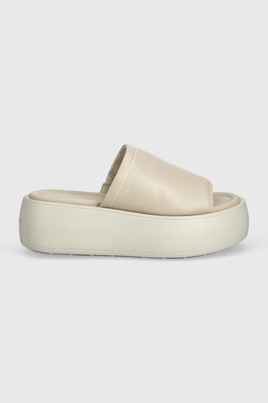 Calvin Klein klapki skórzane FLATFORM SLIDE LTH beżowy