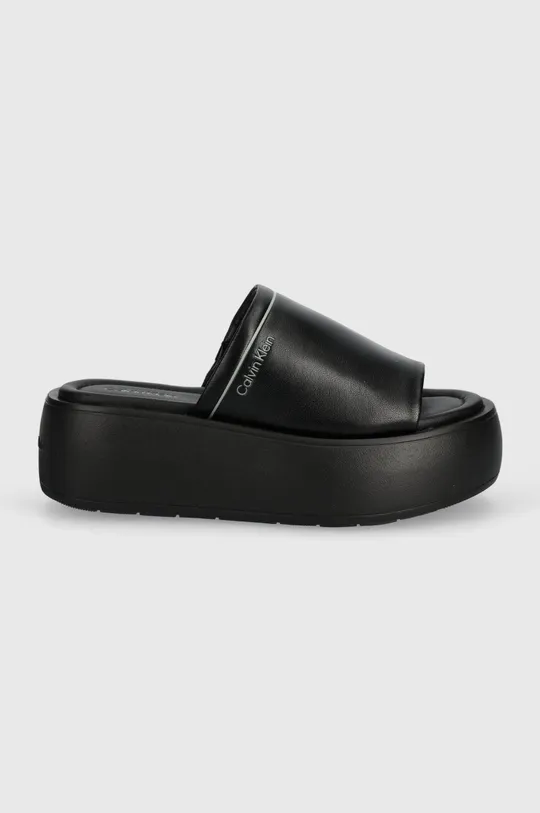 Calvin Klein bőr papucs FLATFORM SLIDE LTH fekete