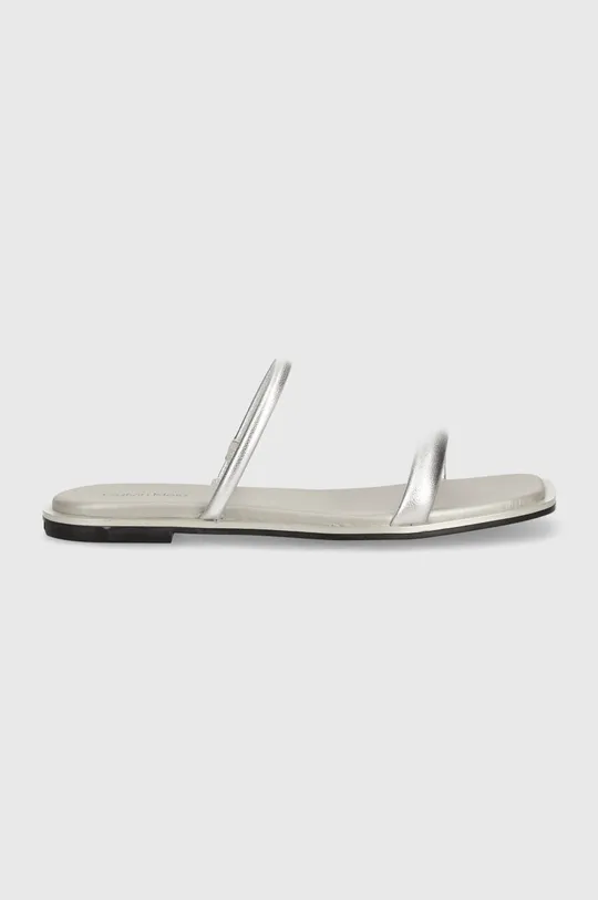 Calvin Klein klapki skórzane FLAT SLIDE MET srebrny