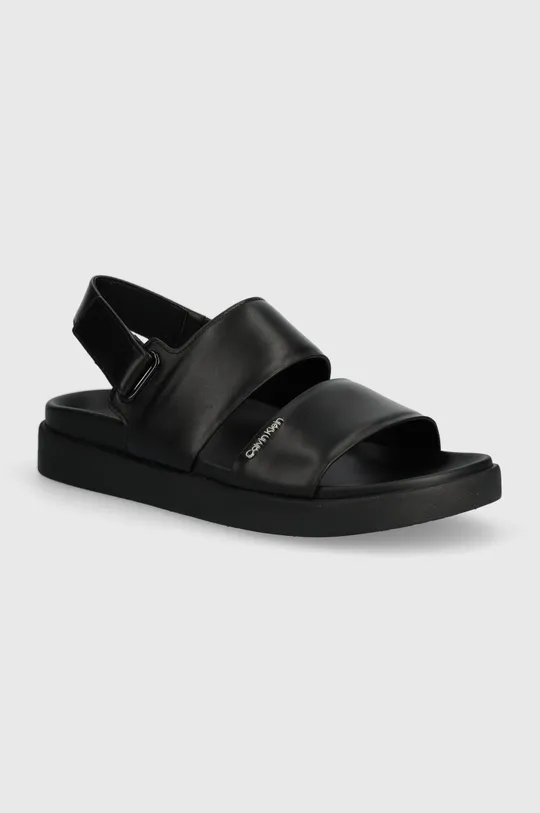 čierna Kožené sandále Calvin Klein FLAT SANDAL CALVIN MTL LTH Dámsky