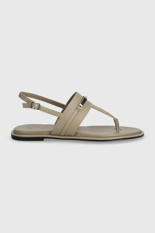Kožené sandále Calvin Klein FLAT TP SANDAL METAL BAR LTH béžová