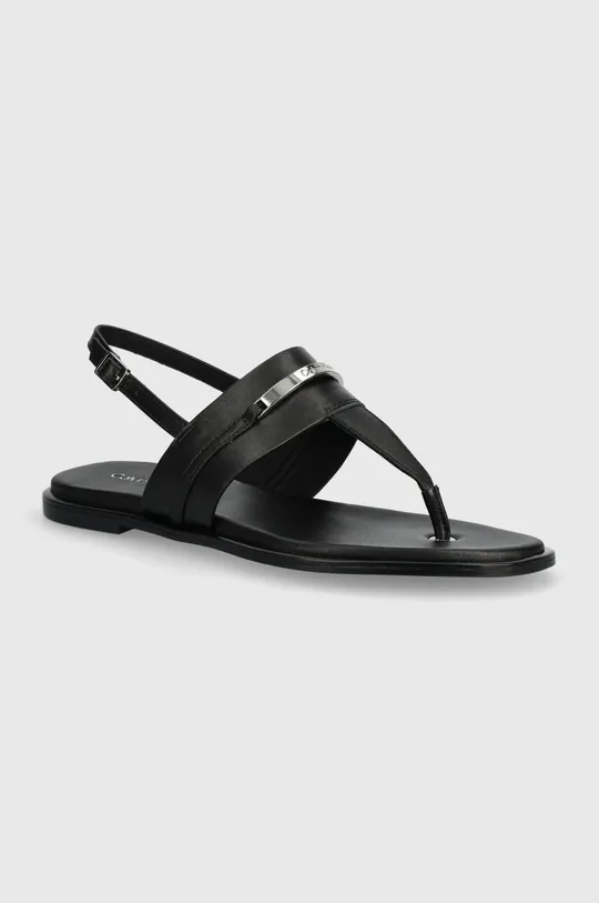 čierna Kožené sandále Calvin Klein FLAT TP SANDAL METAL BAR LTH Dámsky