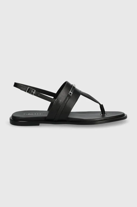 Calvin Klein sandali in pelle FLAT TP SANDAL METAL BAR LTH nero