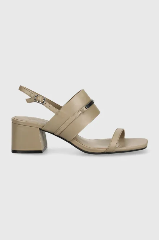 Calvin Klein sandały skórzane HEEL SANDAL 45 MET BAR LTH beżowy