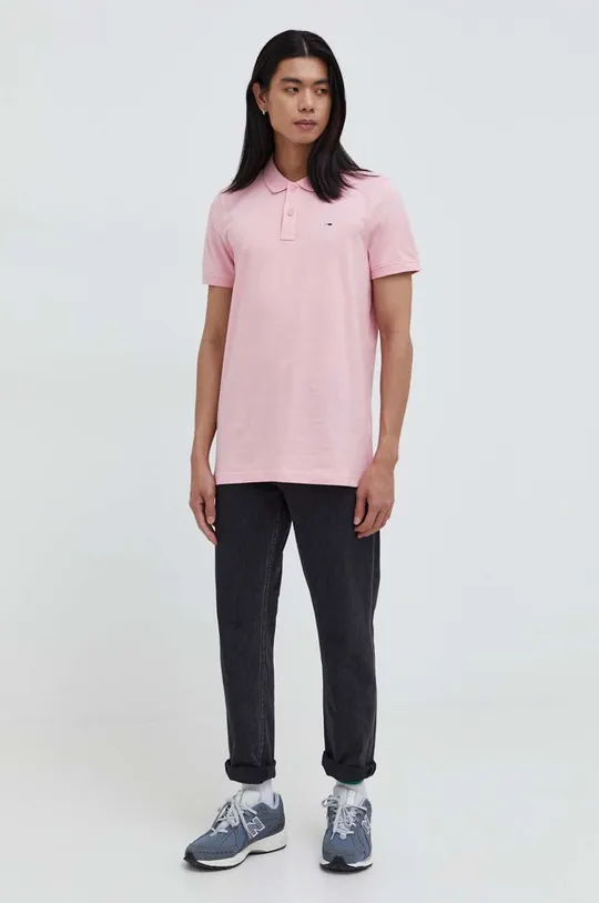 Βαμβακερό μπλουζάκι πόλο Tommy Jeans ροζ