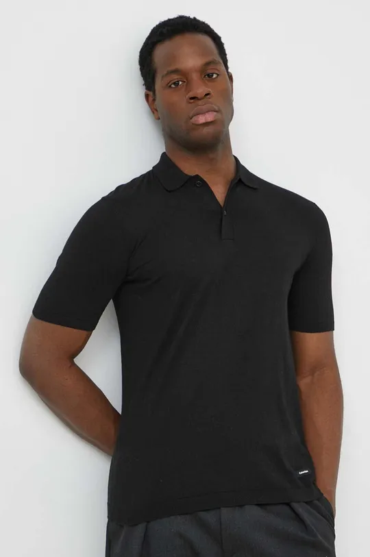 Polo majica s primjesom svile Calvin Klein crna