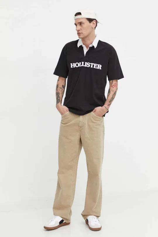 Βαμβακερό μπλουζάκι πόλο Hollister Co. μαύρο