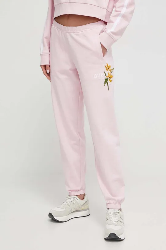 różowy Guess spodnie dresowe bawełniane ZOEY Damski