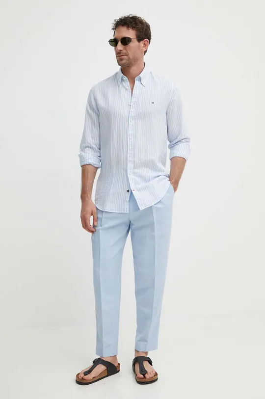 Calvin Klein spodnie z domieszką lnu niebieski