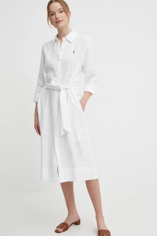 λευκό Λινό φόρεμα Polo Ralph Lauren Γυναικεία