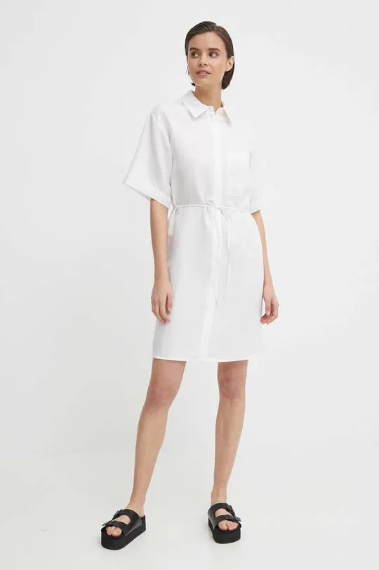 bela Obleka iz mešanice lana Calvin Klein