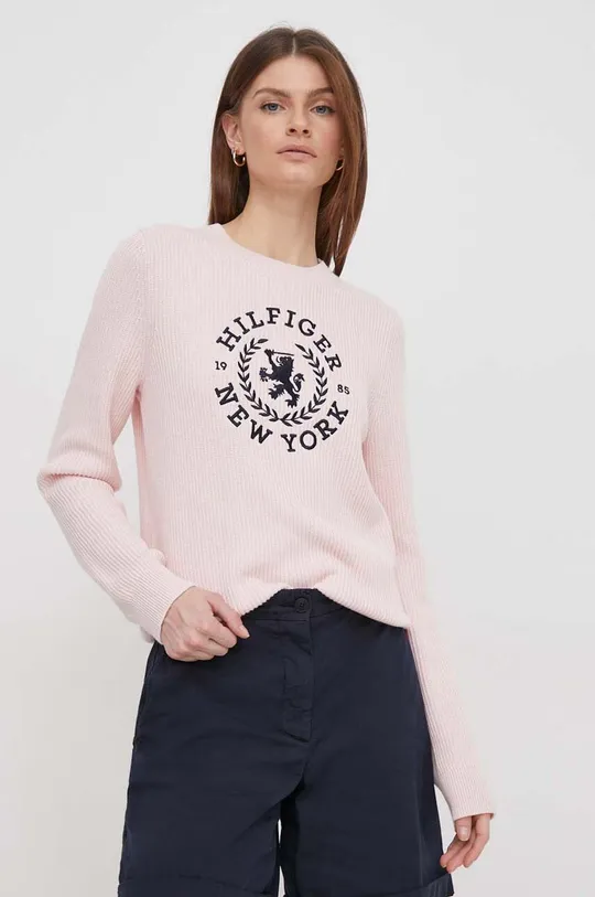 roza Pamučni pulover Tommy Hilfiger Ženski