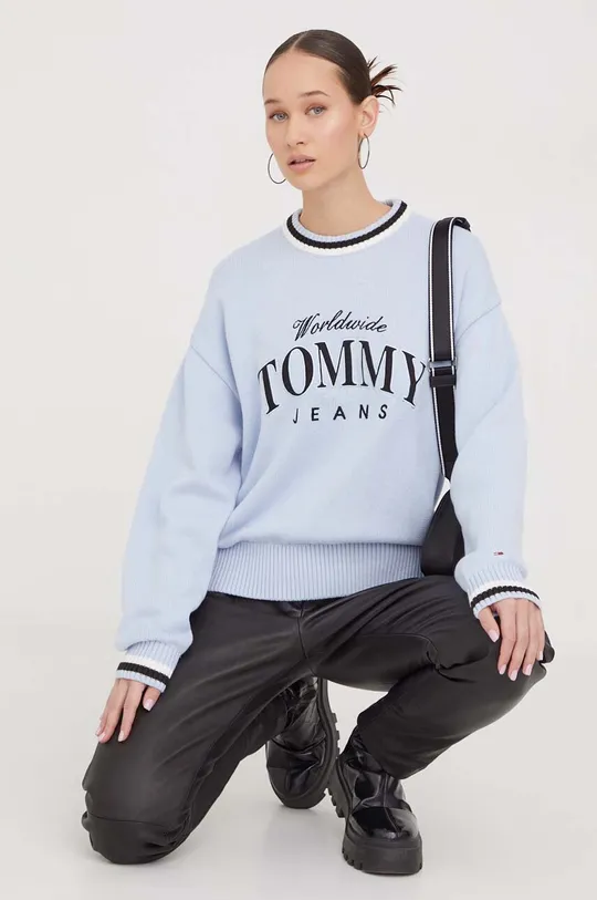 modra Bombažen pulover Tommy Jeans Ženski