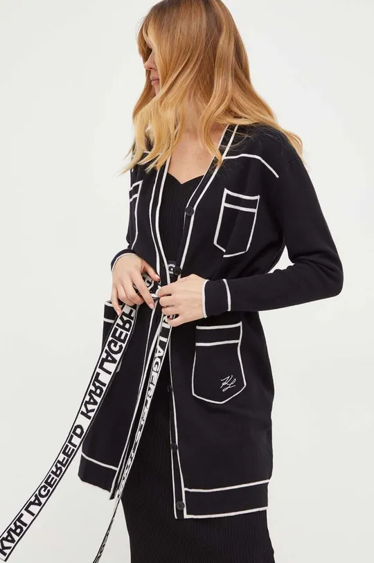Karl Lagerfeld kardigán gyapjú keverékből fekete
