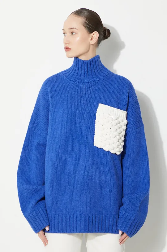 niebieski JW Anderson sweter wełniany Textured Patch Pocket Turtleneck Jumper Damski