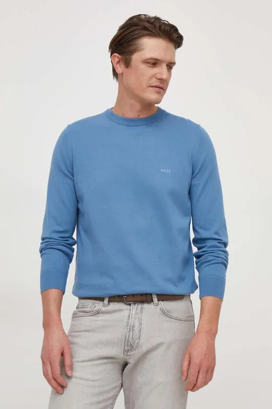 plava Pamučni pulover BOSS Muški