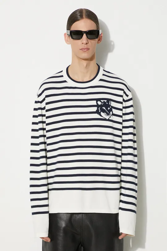 mornarsko plava Pamučni pulover Maison Kitsuné Fox Head Intarsia Comfort Striped Jumper Muški