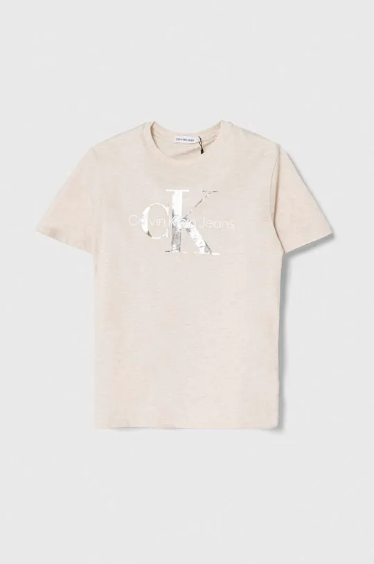 бежевый Детская хлопковая футболка Calvin Klein Jeans Для мальчиков