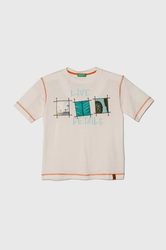 beżowy United Colors of Benetton t-shirt bawełniany dziecięcy Chłopięcy