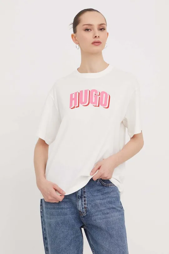 beżowy HUGO t-shirt bawełniany Damski