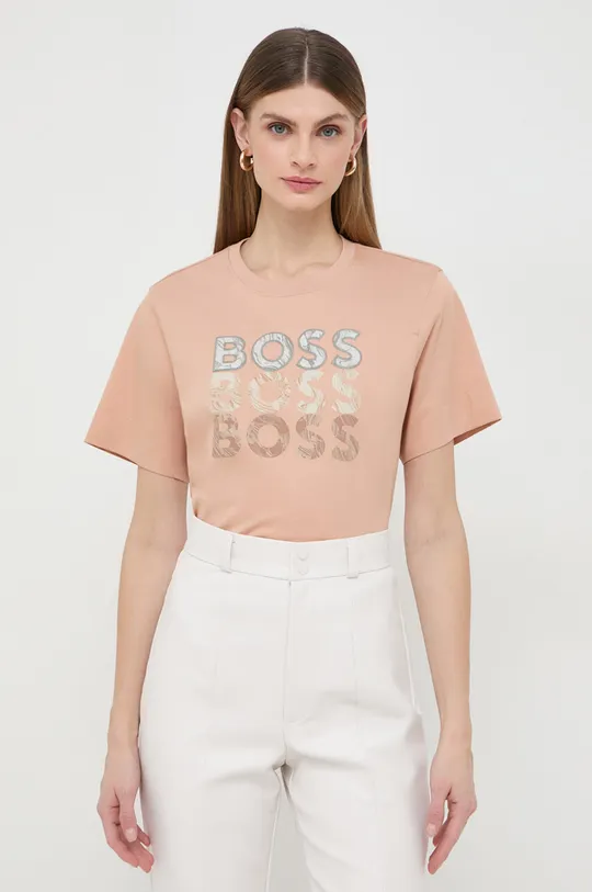 beżowy BOSS t-shirt bawełniany Damski