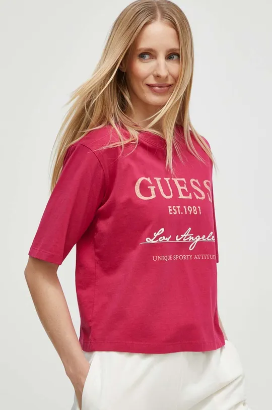 różowy Guess t-shirt bawełniany ANNEKA Damski