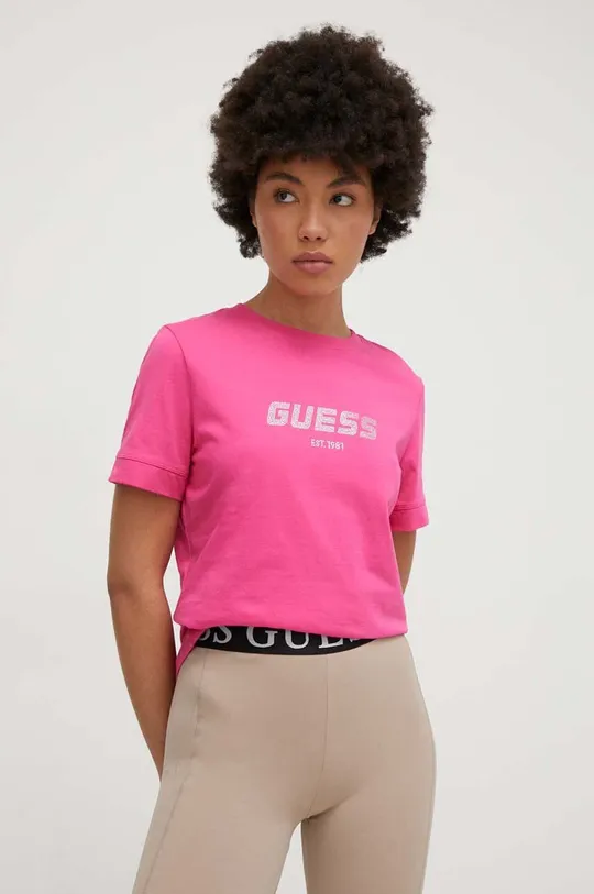 rózsaszín Guess pamut póló ELEANORA Női