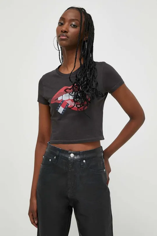 μαύρο Βαμβακερό μπλουζάκι Tommy Jeans Γυναικεία