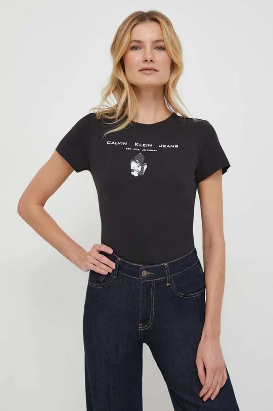 črna Bombažna kratka majica Calvin Klein Jeans Ženski