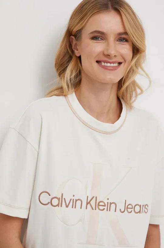 beżowy Calvin Klein Jeans t-shirt bawełniany Damski