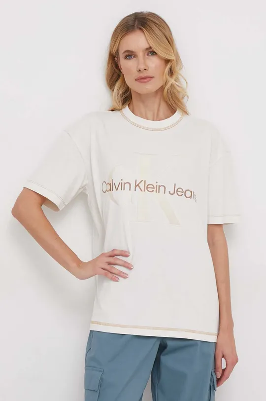 bež Bombažna kratka majica Calvin Klein Jeans