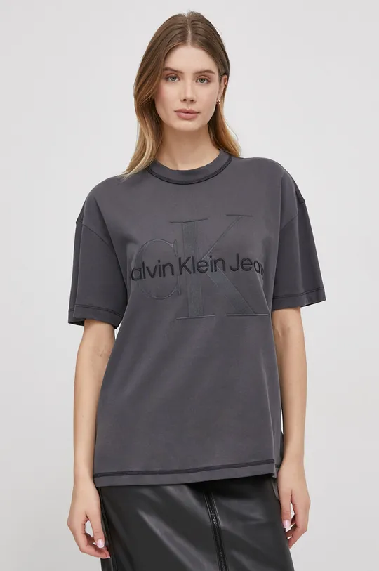 siva Bombažna kratka majica Calvin Klein Jeans Ženski
