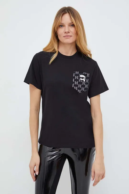 črna Bombažna kratka majica Karl Lagerfeld Ženski