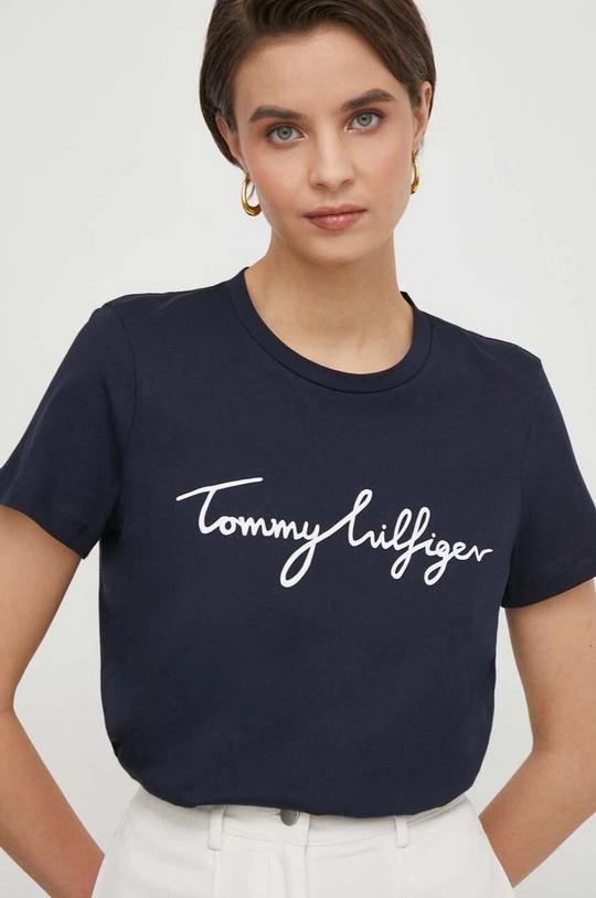 tmavomodrá Bavlnené tričko Tommy Hilfiger Dámsky