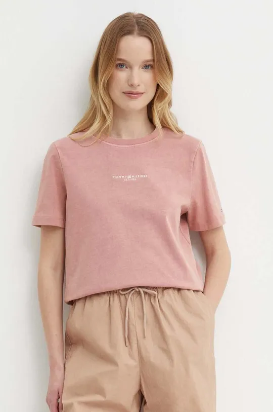 roza Bombažna kratka majica Tommy Hilfiger Ženski